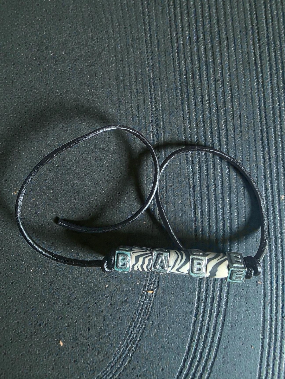 Handmade Black Leather BABE Zebra Bead Cord Bracelet